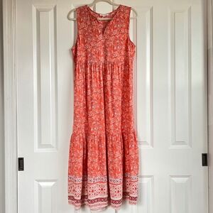 Beach Lunch Lounge Coral Floral Tiered Sleeveless Boho Maxi Dress Size S